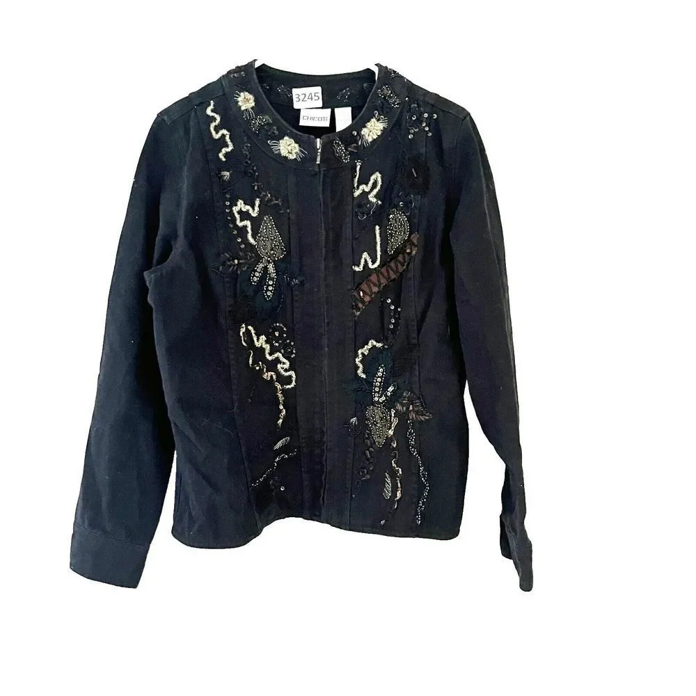Chicos Womens Black Full Zip Jacket M Sz 1 Embroidered Sequin Floral Long Sleeve